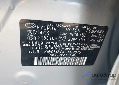 2020 Hyundai Elantra Sel z USA, uszkodzony, nr VIN KMHD84LF4LU017345